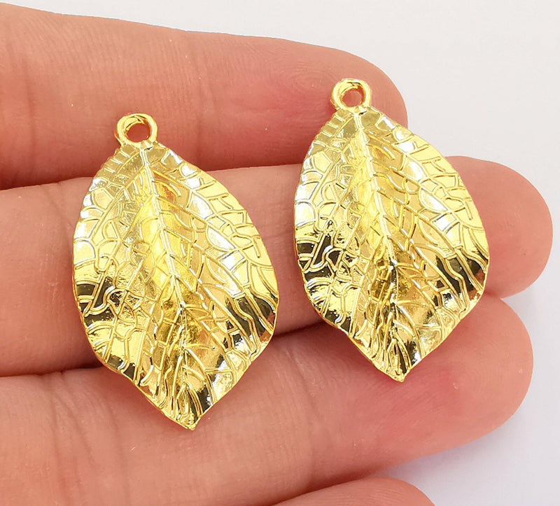 2 Leaf Charms Shiny Gold Plated Charms (34x19mm)  G22370