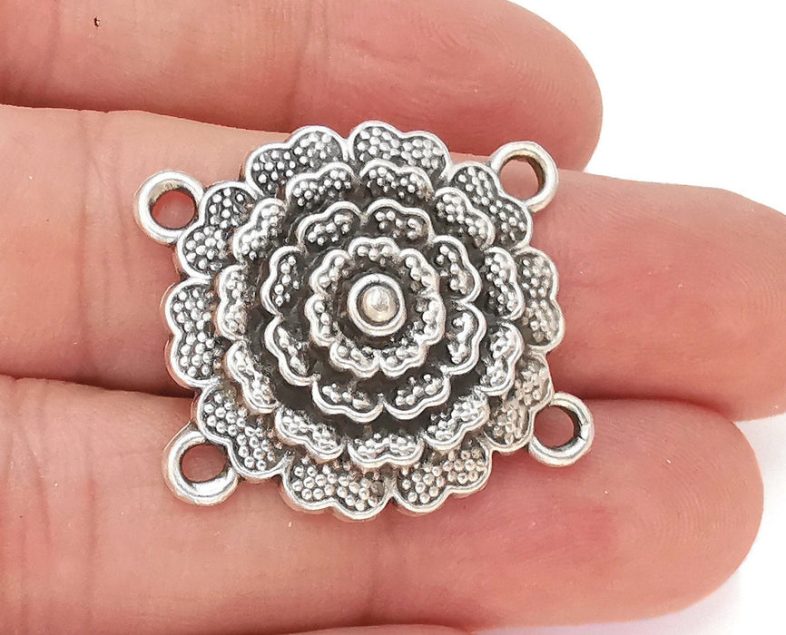 2 Flower Charms Connector Antique Silver Plated Charms (30x28mm)  G22739