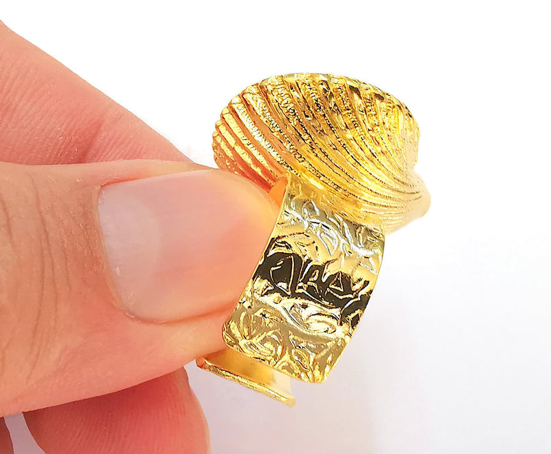 Oyster Shell Ring Settings Blank inlay Ring Mosaic Ring Bezel Resin Adjustable (24x18mm blank ) 24K Shiny Gold Plated Ring G22375
