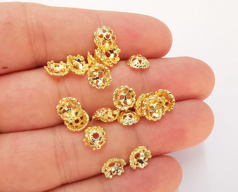 20 Flower Bead Caps Findings 24K Shiny Gold Plated Findings (8mm) G22380