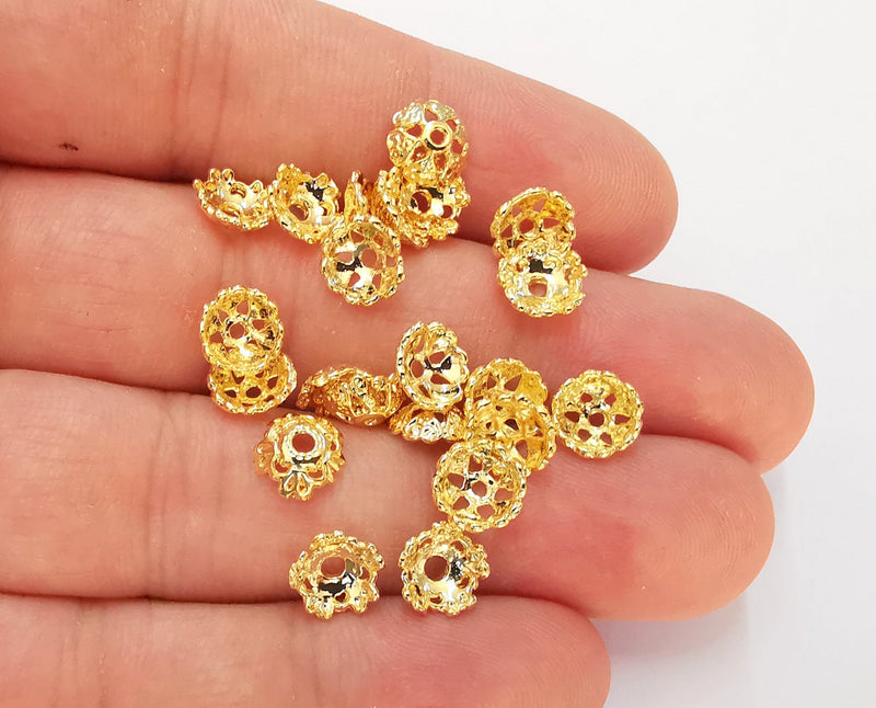 20 Flower Bead Caps Findings 24K Shiny Gold Plated Findings (8mm) G22380