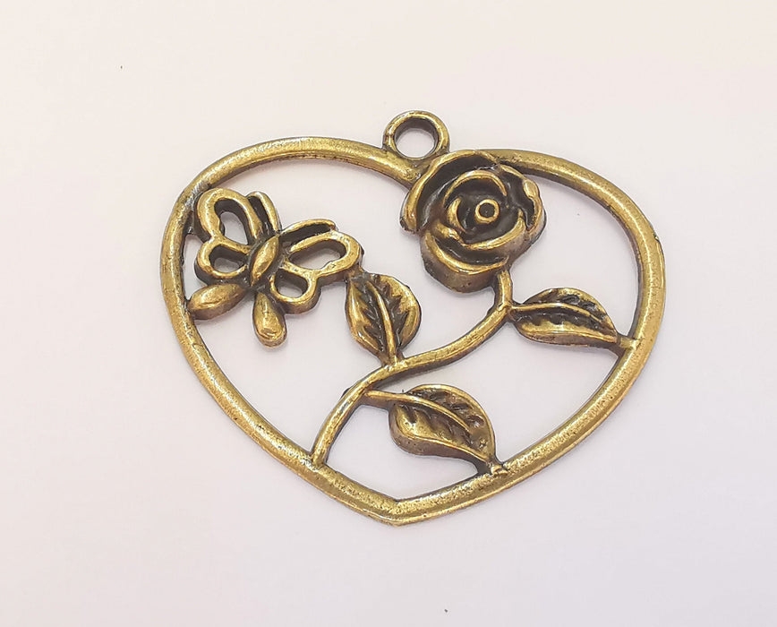 Heart Rose Butterfly Pendant Antique Bronze Plated Pendant (51x46mm)  G22782