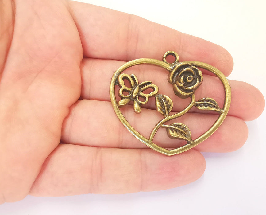 Heart Rose Butterfly Pendant Antique Bronze Plated Pendant (51x46mm)  G22782