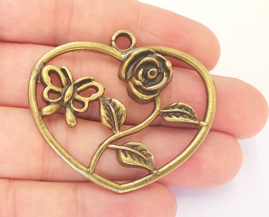 Heart Rose Butterfly Pendant Antique Bronze Plated Pendant (51x46mm)  G22782