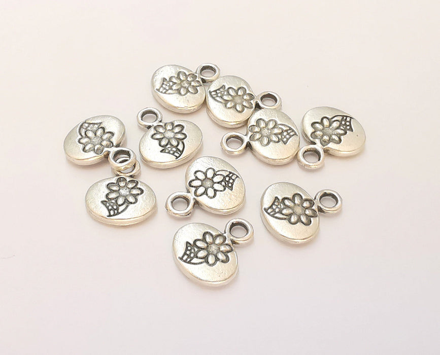 10 Flower Charms (Double Sided) Antique Silver Plated Charms (12x11mm) G22407