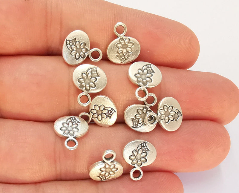 10 Flower Charms (Double Sided) Antique Silver Plated Charms (12x11mm) G22407