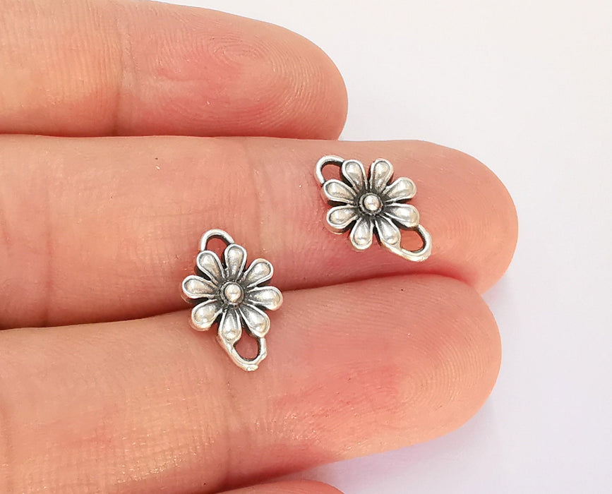 10 Flower Charms Connector Antique Silver Plated Charms (14x9mm)  G22411