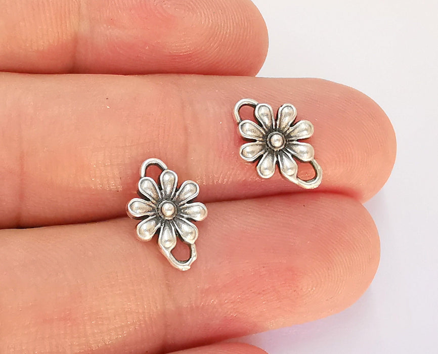 10 Flower Charms Connector Antique Silver Plated Charms (14x9mm)  G22411