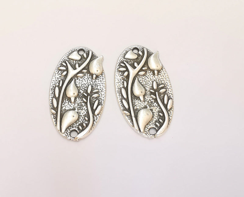 2 Flower Charms Connector Antique Silver Plated Charms (36x20mm)  G27141