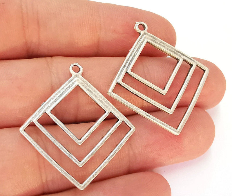 4 Geometric Charms Antique Silver Plated Charms (36x33mm)  G22414