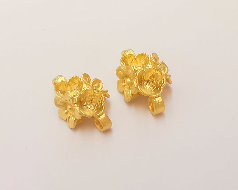 2 Flower Charms Connector Blank Bezel Gold Plated Charms (20x14mm)( 2x 6 mm Bezel )  G23867
