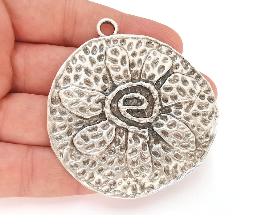 Hammered Flowers Pendant Antique Silver Plated Pendant (69x64mm)  G22869