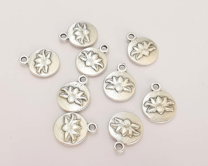 10 Lotus Flowers (Double Sided) Charm Antique Silver Plated Charms (16x13mm) G21113