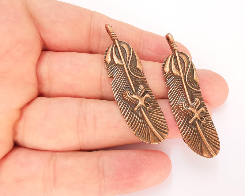 2 Feather Charms Antique Copper Plated Charms (55x15mm)  G22882
