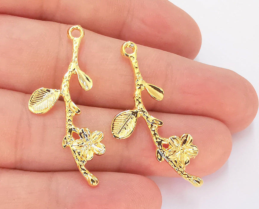 2 Flower Branch Charms 24K Shiny Gold Plated Charms  (40x16mm)  G22900