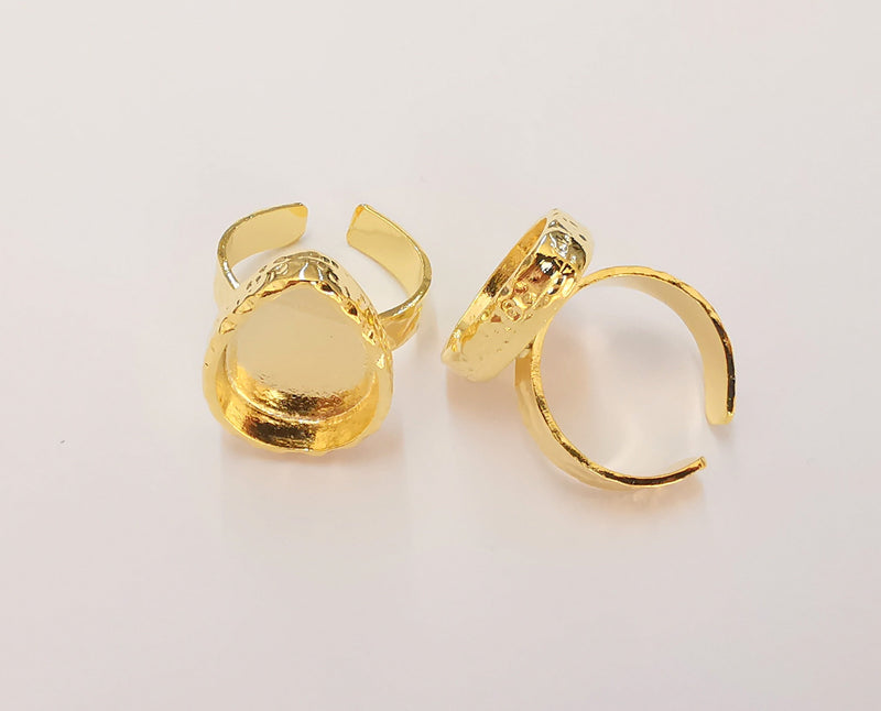 Gold Ring Blank Setting Cabochon Base Ring Hammered Mounting Adjustable Ring Bezel (18x13mm blank ) 24K Shiny Gold Plated  G27843