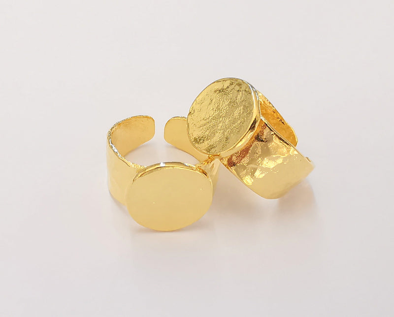 Gold Ring Setting Blank Large Ring Mounting Cabochon Base Adjustable Ring Base (13mm) 24K Shiny Gold Plated  G25523