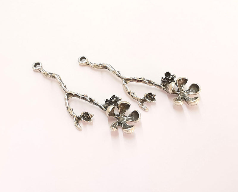 2 Flowers Charms Antique Silver Plated Charms (60x22mm)  G22438