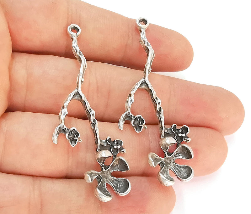 2 Flowers Charms Antique Silver Plated Charms (60x22mm)  G22438