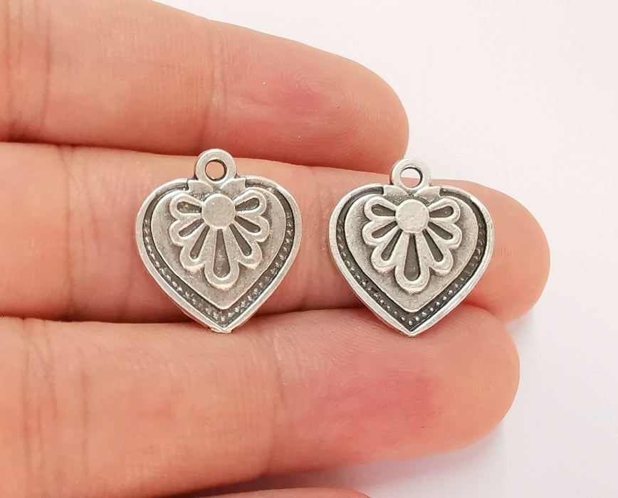 5 Heart Flower Charms Antique Silver Plated Charms (19x17mm)  G22440