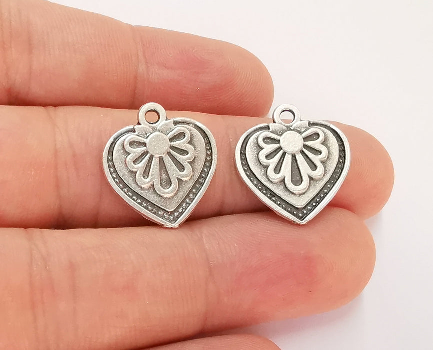 5 Heart Flower Charms Antique Silver Plated Charms (19x17mm)  G22440