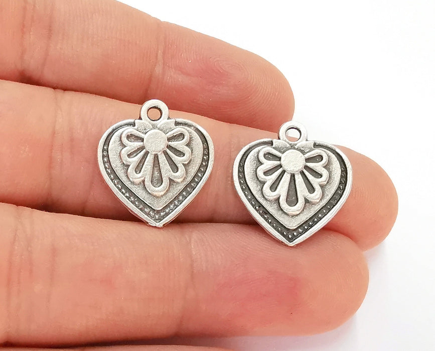 5 Heart Flower Charms Antique Silver Plated Charms (19x17mm)  G22440