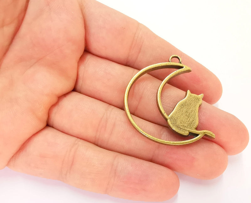2 Crescent Moon Cat Charms Antique Bronze Plated Charms (41mm)  G22458
