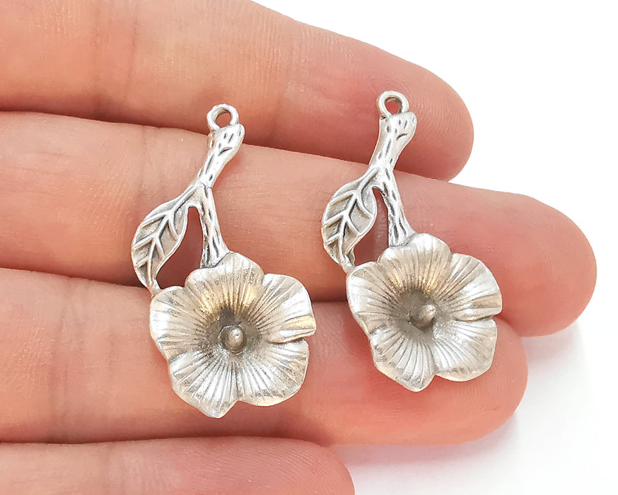 2 Flower Charms Antique Silver Plated Charms (37x18mm)  G22461