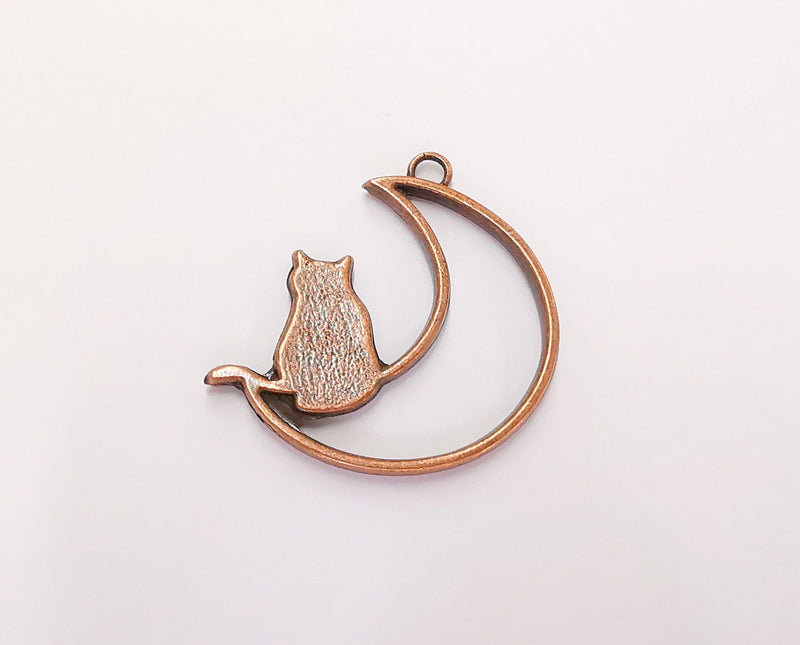 2 Crescent Moon Cat Charms Antique Copper Plated Charms (41mm)  G22485