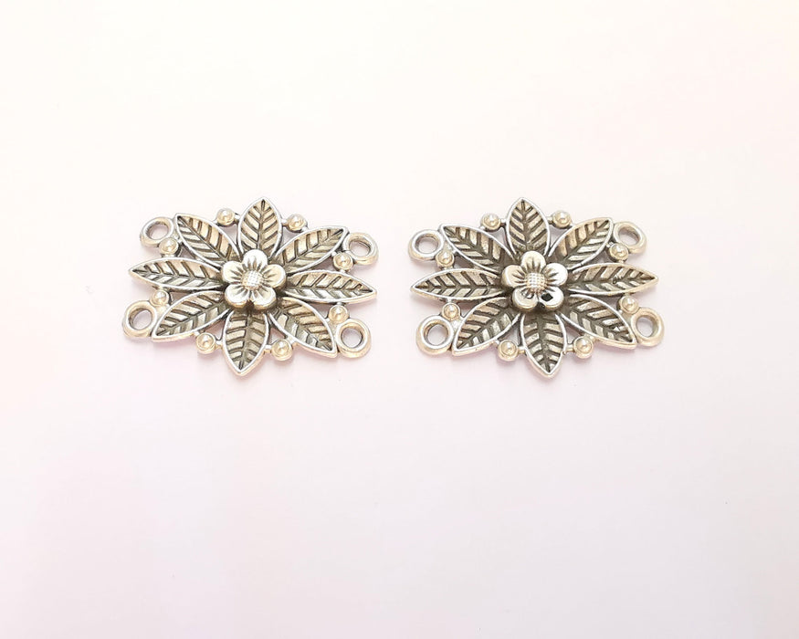 4 Silver Flower Connector Charms Antique Silver Plated Charms (34x27mm) G25696