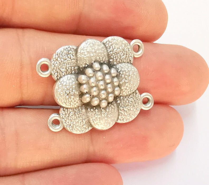 4 Silver Flower Connector Charms with four Loop Antique Silver Plated Charms (30x24mm) G22493