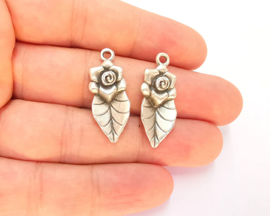 4 Flower Leaf Charms Antique Silver Plated Charms (31x14mm) G22498