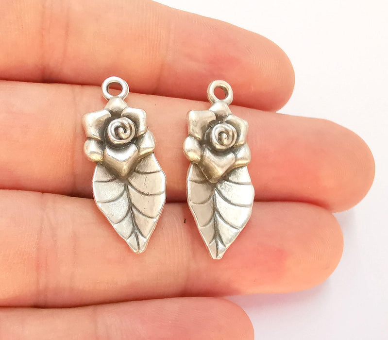 4 Flower Leaf Charms Antique Silver Plated Charms (31x14mm) G22498