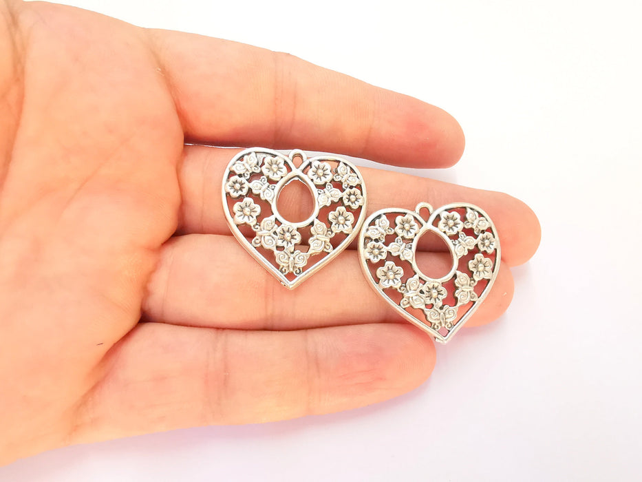 2 Flower Heart Charms Antique Silver Plated Charms (31x30mm) G22499