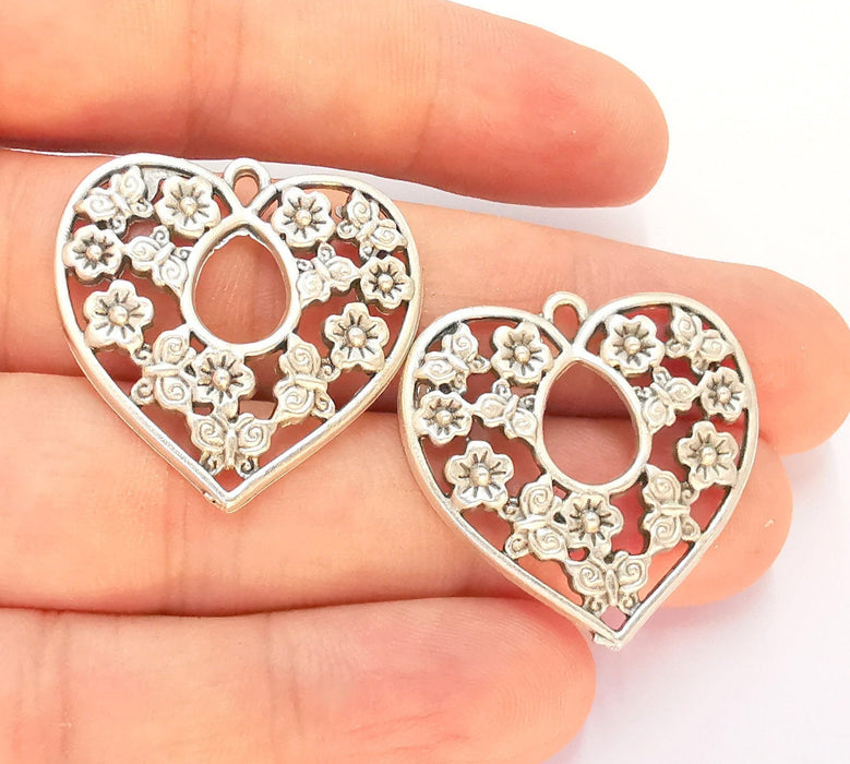 2 Flower Heart Charms Antique Silver Plated Charms (31x30mm) G22499