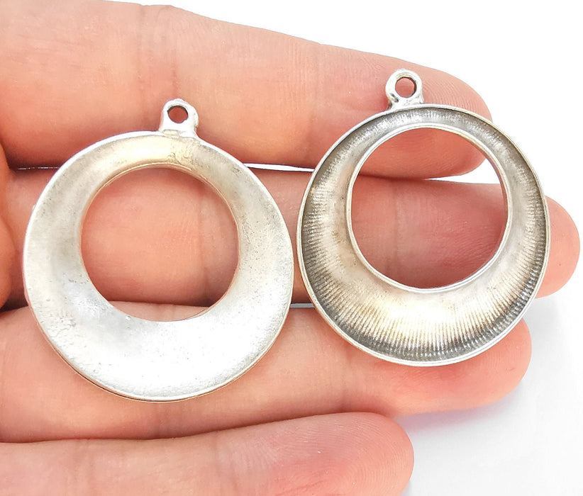 2 Antique Silver Plated Circle Charms (40x35mm)  G22496