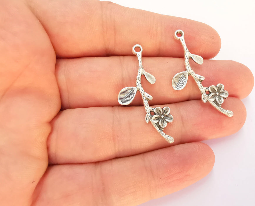 4 Flower Branch Charms Antique Silver Plated Charms (40x16mm) G22505