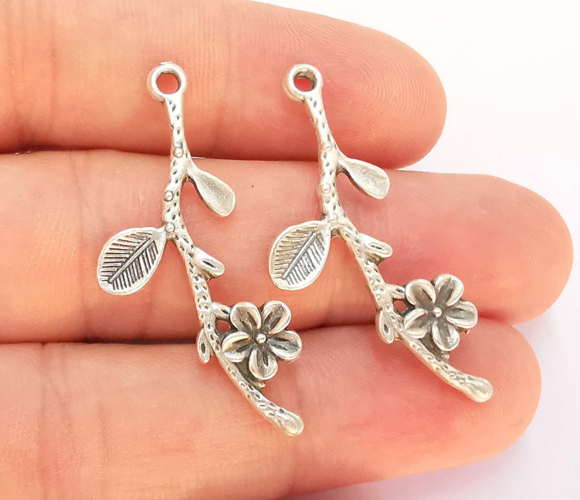 4 Flower Branch Charms Antique Silver Plated Charms (40x16mm) G22505