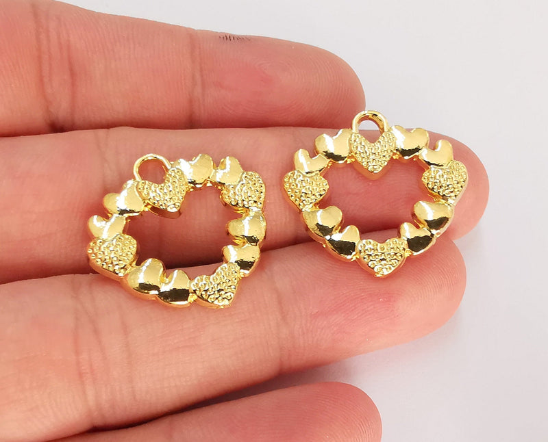 2 Hearts Charms 24k Shiny Gold Plated Charms (26x24mm)  G22918