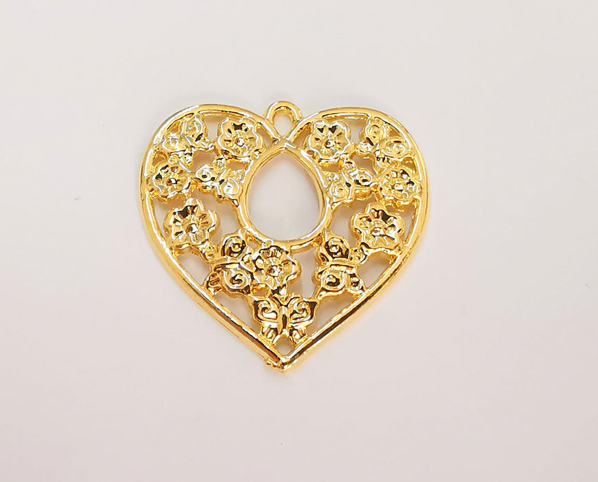 2 Hearts Flower Charms 24k Shiny Gold Plated Charms (31x31mm)  G22919