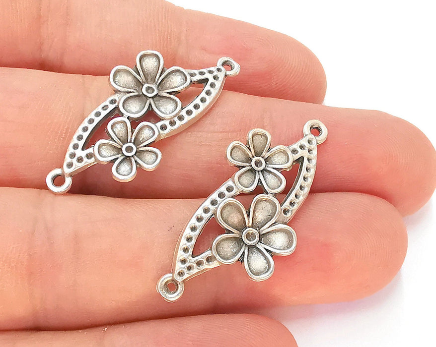 4 Flowers Connector Charms Antique Silver Plated Charms (36x17mm) G22506