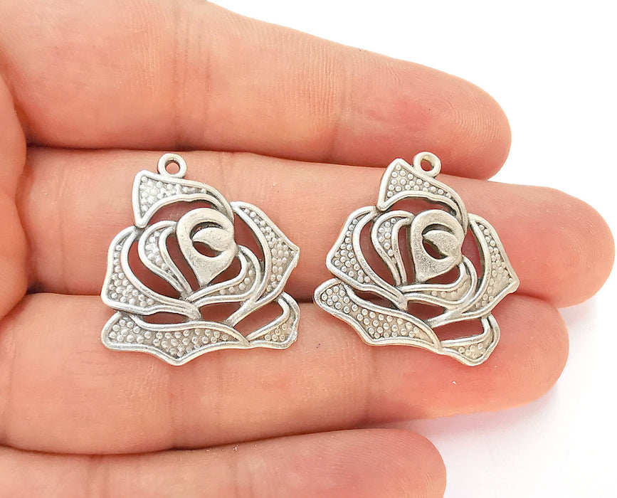 4 Rose Charms Antique Silver Plated Charms (26x25mm) G22509