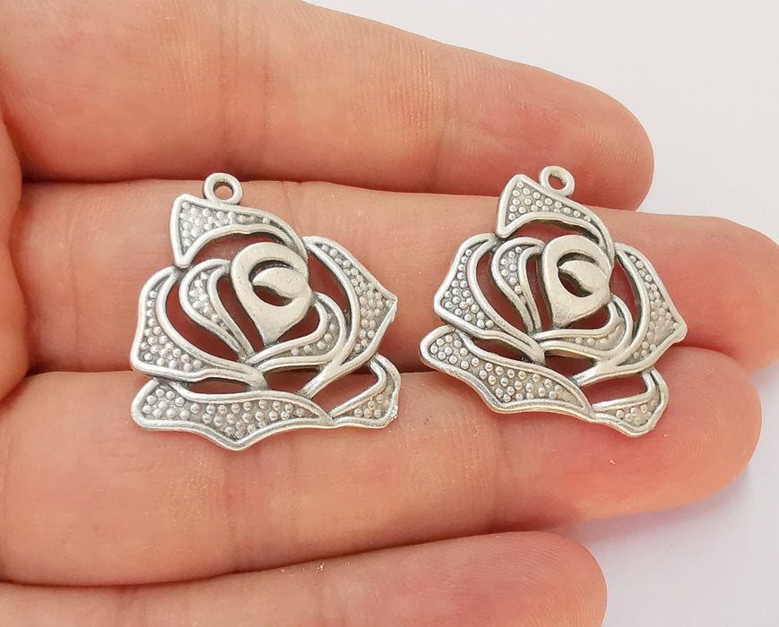 4 Rose Charms Antique Silver Plated Charms (26x25mm) G22509