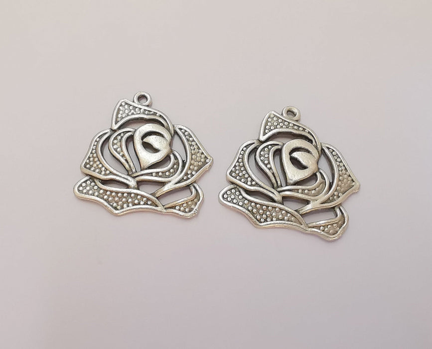 4 Rose Charms Antique Silver Plated Charms (26x25mm) G22509