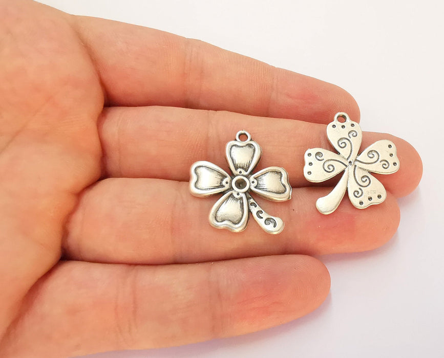 4 Flowers Charms (Double Sided) Antique Silver Plated Charms (26x22mm) G22520