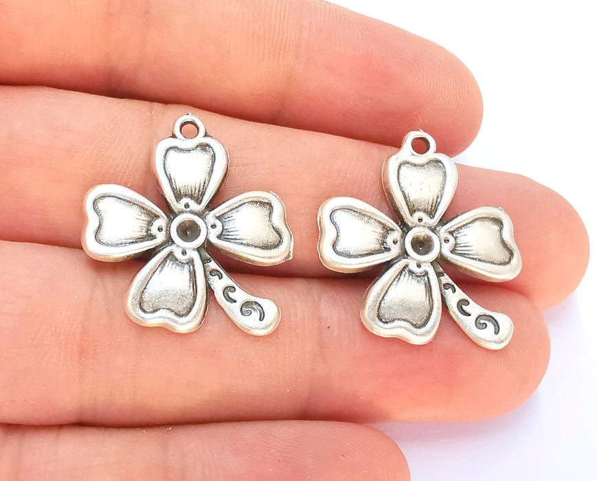 4 Flowers Charms (Double Sided) Antique Silver Plated Charms (26x22mm) G22520