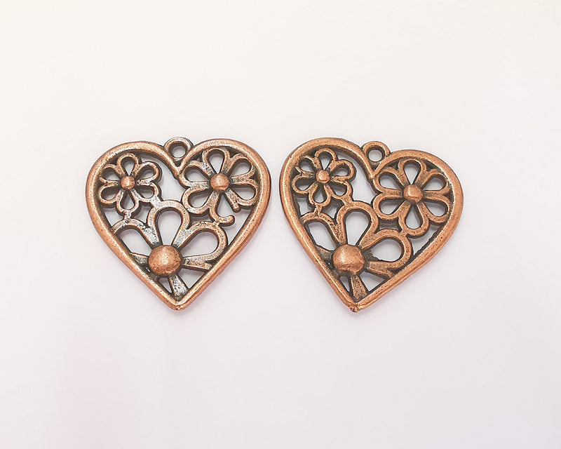 2 Hearts Flower Charms Antique Copper Plated Charms (28x28mm)  G22529