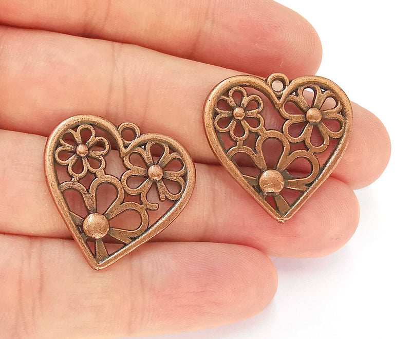 2 Hearts Flower Charms Antique Copper Plated Charms (28x28mm)  G22529