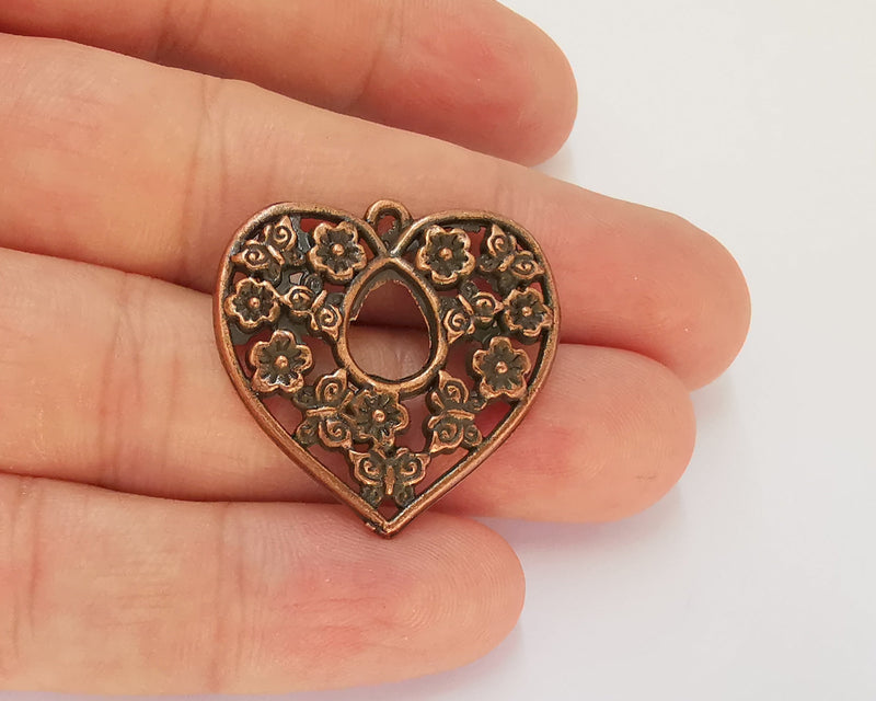 2 Hearts Flower Charms Antique Copper Plated Charms (31x30mm)  G22531