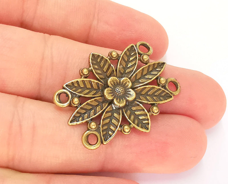 4 Bronze Flower Connector Charms Antique Bronze Plated Charms (34x27mm)  G22538